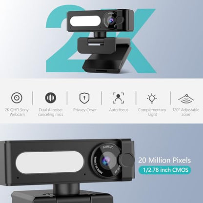 2K Webcam for PC, Dual AI Noise-Cancelling Mics Autofocus, Auto Light Correction,120° FOV,Privacy Cover,Plug and Play Computer Camera for Microsoft Teams/Zoom/Skype,Black
