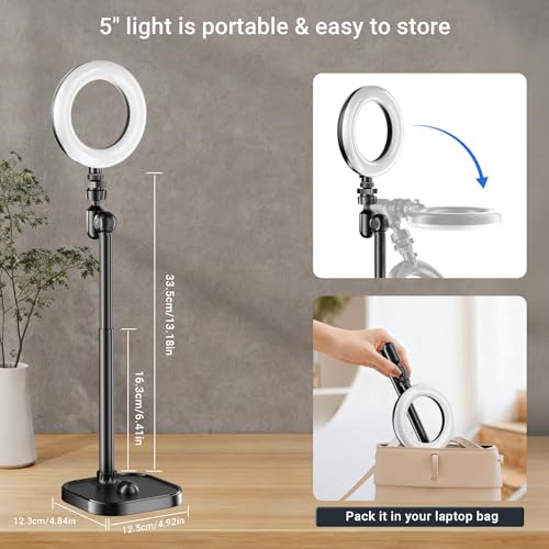 Ring Light for Desk, Portable Streaming Lights for Video Recording, 5’’ Halo Lighting with Stand for Selfie, Travel, Meetings, Makeup, Content Creators, Photography