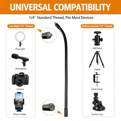 Gooseneck, 2 Pcs 1/4"-20 Female to Male Thread Metal Universal Hose Flexible Arm Gooseneck Tube Extension Holder for Action Camera, Phone, Microphone, Black (12inch) - size: 12inch