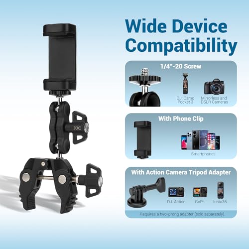 JJC Super Clamp Camera Mount, Dual Ballhead Aluminum Pole Mount w. 1/4“-20 & 3/8"-16 Thread Hole, Action Camera Mount and Phone Clip, for DJI Osmo Action GoPro, Crab Clamp for Desk Tripod Tube Rod - color: Black -Universal