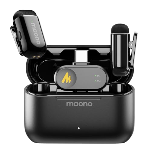 MAONO Wave T1 Mini Wireless Lavalier Microphone for iPhone 17/16/15 Android with USB-C Plug, Noise Cancellation, AI Voice Filter, 30H Used with Charging Case for Video Recording Content Creating - color: Black