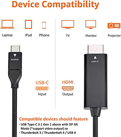 Amazon Basics USB-C to HDMI Cable Adapter, Thunderbolt 3 Compatible, 4K@30Hz, Plug and Play, 6-Foot, Black