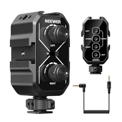 NEEWER MM01 Dual Channel Microphone Audio Mixer Adapter with 3.5mm TRS Cable, Stereo/Mono Switch, Cold Shoe Mounts for DSLR Camera, Smartphones, Battery Powered Microphones for Video Recording - style: MM01