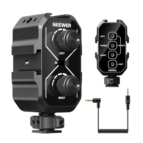 NEEWER MM01 Dual Channel Microphone Audio Mixer Adapter with 3.5mm TRS Cable, Stereo/Mono Switch, Cold Shoe Mounts for DSLR Camera, Smartphones, Battery Powered Microphones for Video Recording - style: MM01