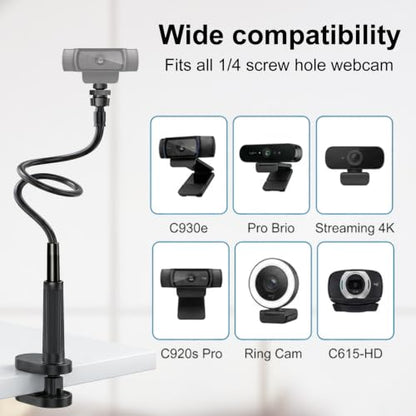 Webcam Stand Mount for Desk, Flexible Gooseneck Webcam arm Holder with Clamp, Web Camera Computer Stand Compatible with Action Camera Gopro C922 C930e C920S C920 C615 C960 C920x BRIO