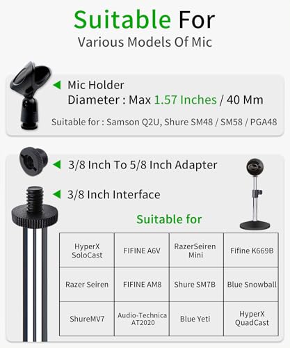 Mic stand desk, heavy metal base, adjustable height up to 16.5 inches, easily assembled, classical and sturdy (mirror)