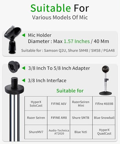 Mic stand desk, heavy metal base, adjustable height up to 16.5 inches, easily assembled, classical and sturdy (mirror)