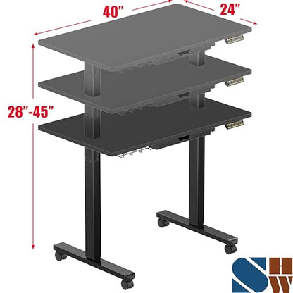 SHW 40-Inch Mobile Electric Height Adjustable Sit to Stand Desk with Drawer, Hanging Hooks and Cable Management, Black - color: Black