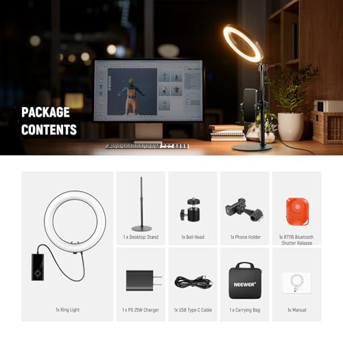 NEEWER 18W 8" Desk Ring Light with Stand, Circle Selfie Light for iPhone Streaming Makeup Video Recording, Video Conference Lighting Kit with Phone Holder for Laptop Computer Zoom Call Podcast, RH8B
