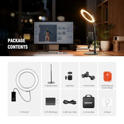 NEEWER 18W 8" Desk Ring Light with Stand, Circle Selfie Light for iPhone Streaming Makeup Video Recording, Video Conference Lighting Kit with Phone Holder for Laptop Computer Zoom Call Podcast, RH8B
