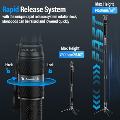 SIRUI SVM-145 Rapid Monopod with Feet, 57” Professional Carbon Fiber Camera Monopod, One-Step Rapid Height Adjustment, Modular 3 in 1, Max Load 22lbs - size: SVM-145