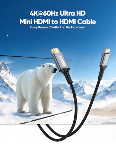 Mini HDMI to HDMI Cable 6FT, High Speed HDMI to Mini HDMI Cable for Portable Monitor 4K@60Hz HDMI Mini 2.0 Cord 2K,1080P, HDR Compatible with Camera, Camcorder, Laptop, HDTV, Graphics