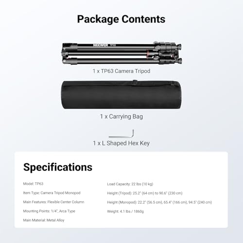 NEEWER 90 Inch Tall Overhead Horizontal Camera Tripod Monopod with Ball Head & Flexible Center Column, Metal DSLR Video Travel Stand, Arca Type QR Plate & Inverted Legs, Max Load 10 kg / 22 lbs, TP63