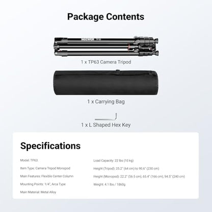 NEEWER 90 Inch Tall Overhead Horizontal Camera Tripod Monopod with Ball Head & Flexible Center Column, Metal DSLR Video Travel Stand, Arca Type QR Plate & Inverted Legs, Max Load 10 kg / 22 lbs, TP63