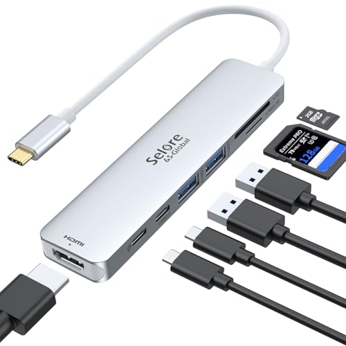 Selore&S-Global USB C Hub HDMI Adapter for MacBook Pro/Air, 7 in 1 USBC Dongle with HDMI, microSD/SD Reader, USB C Data Port,100W PD and 2 USB 3.0 Compatible for MacBook Pro/Air(Light Sliver) - color: Light Silver