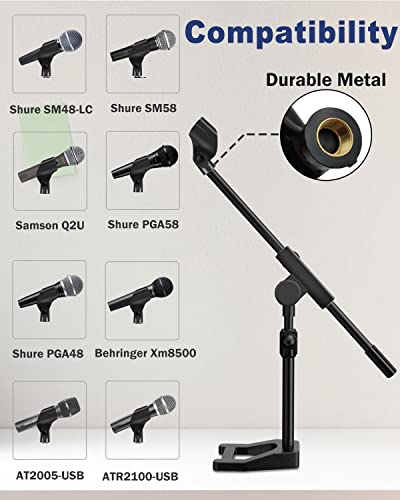 Desktop Microphone Stand, Adjustable Mic Stand with Boom Arm, Mic Clip Holder and 3/8" to 5/8" Screw Adapter for Dynamic Microphone and Blue Snowball, Blue Yeti, Kick Drums, Guitar Amps