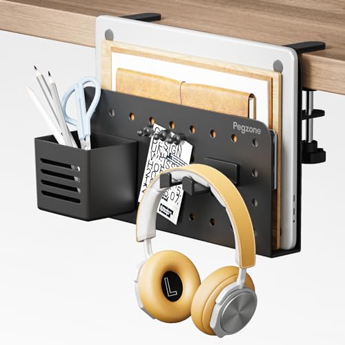 PEGZONE Desk Side Storage Organizer, No Drill Under Desk Laptop Holder, Clamp on Desks Shelf with Pegboard Accessories, Hanging Laptop Mount, Fits Flat Edge 0.4" to 2.2", Black - color: Black