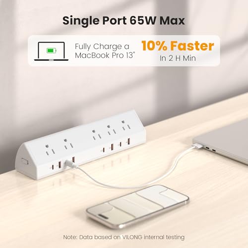 VILONG Desk Clamp Power Strip,65W Total Fast Charging Station,Desk Edge Mount Power Strip,8 USB Ports (4 USB C) & 5 AC Outlets,1200J Surge Protector (White, 6, Feet, Power Strip) - color: White