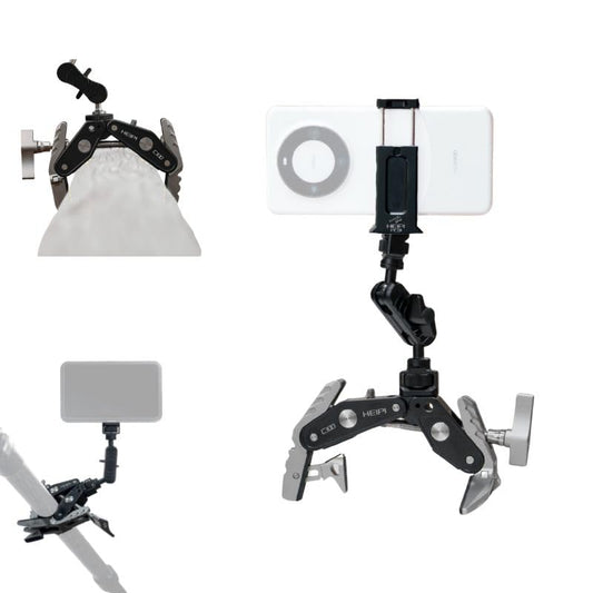 HEIPI Super Clamp Camera Mount Holder - Sabertooth C100 with 360° Ballhead Magic Arm MA175 and Phone Clip PC01 for Tripod Accessories, Round Tube, Flat Surface - style: Super Clamp with Short Magic Arm & Phone Clip