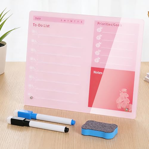 LeMotech Desktop Acrylic Dry Erase Board, 12x10 inches to-Do List Planner, Tabletop Whiteboard with Stand Office Supplies Includes 2 Markers & 1 Eraser, Pink Rose Pattern, 1 Pack - color: Pink, size: 12"W x 10"H (1 Pack)