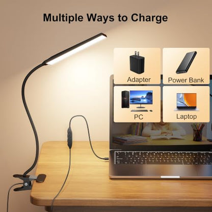 Vansuny Clip on Light LED Desk Lamp with Eye-Caring LED Light and Metal Clip, 6 Level Brightness 3 Color Modes, Power by USB Port 5W Adjustable Neck Reading Lamp for Home and Office (5W, Black) - color: Black