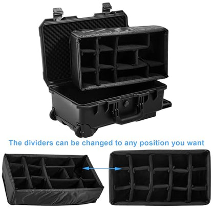 Regetek Waterproof Travel Camera Hard Case with Padded Divider, 22 x 14 x 10 Inch, Rolling Case for Camera, Gear, Equipment, Dustproof, Shockproof,Airline Carry-On Approved, Inner 19.8"x 10.9" x 6.8"