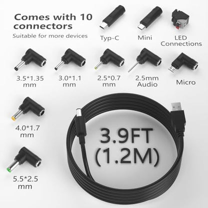 USB to DC 5V Power Cable 5.5x2.1mm Universal 10 Connector Tips Kit