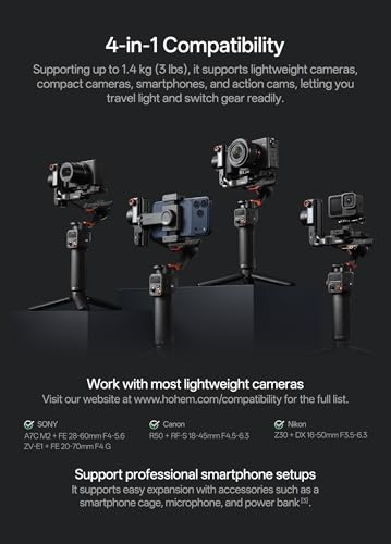 hohem iSteady MT3 Gimbal Stabilizer for Camera, 4 in 1 3-Axis Gimbal for Mirrorless/Compact Camera/Action Camera/Smartphone, OLED Display, Built-in AI Tracker with Fill Light,3.1ib MAX Payload