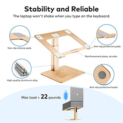 Laptop Stand for Desk, Ergonomic Aluminum Laptop Stand Adjustable Height from 7-15", Sitting and Standing Laptop Riser for 10-17" Notebook - color: Gold