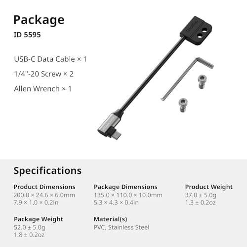 SMALLRIG USB-C Cable Male to Female [20Gbps, 240W], with 1/4''-20 Screws for Camera Cage, L-Shape Mount Plate, USB 3.2 Gen 2x2 Fast Data Transfer & Power Delivery Cable - 5595 - style: Male to Female（Angled）