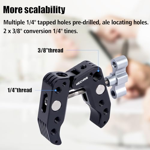 Universal Camera Clamp 10-60mm with 1/4"-3/8" Threads & Positioning Holes - Multi-Angle Adjustable Clamp for DSLR, Bike Handlebar, Desktop Streaming (Lightweight Aluminum Alloy) 62019