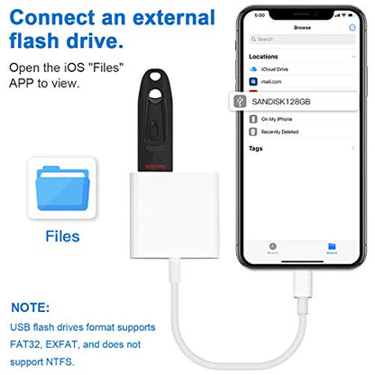 Lightning to USB3 Camera Adapter with Charging Port, Lightning Female USB OTG Cable Adapter for Select iPhone,iPad Models Support Connect Camera, Card Reader, USB Flash Drive, MIDI Keyboard (WHITE) - color: USB+Charging
