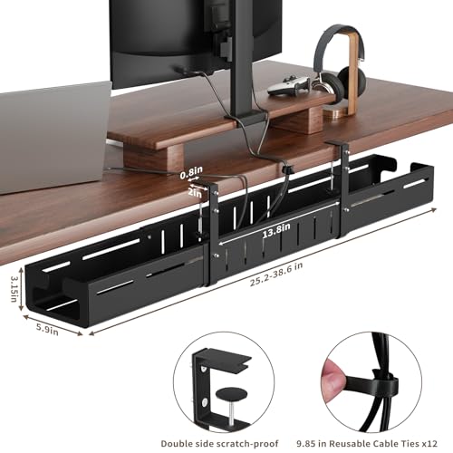 Under Desk Cable Management Tray, Expandable 25.2"–38.6", No Drill Clamp Mount, Cord Management Heavy Duty Carbon Steel Standing Cord Organizer for Home, Office, Gaming, Desk, Black