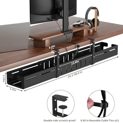 Under Desk Cable Management Tray, Expandable 25.2"–38.6", No Drill Clamp Mount, Cord Management Heavy Duty Carbon Steel Standing Cord Organizer for Home, Office, Gaming, Desk, Black
