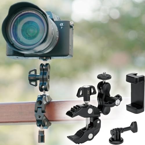 JJC Super Clamp Camera Mount, Dual Ballhead Aluminum Pole Mount w. 1/4“-20 & 3/8"-16 Thread Hole, Action Camera Mount and Phone Clip, for DJI Osmo Action GoPro, Crab Clamp for Desk Tripod Tube Rod - color: Black -Universal