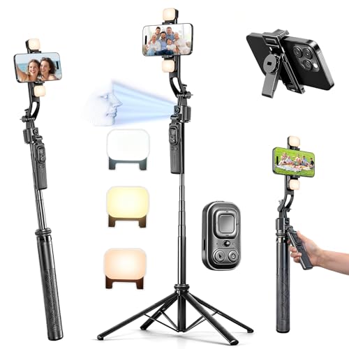 Auto Face Tracking Selfie Stick Tripod for iPhone with Light 360° Rotation That Follows Your Movement 63" Camera Tripod Stand with Remote for Content Creator Vlog Live Stream Video Recording - style: B-Auto Face Tracking Tripod with 2 Square Light