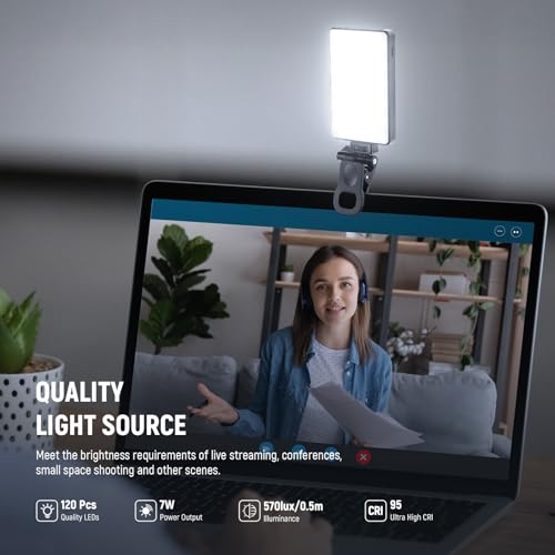 NEEWER Basics LED Selfie Phone Light, Rechargeable 2500-9000K Clip On Fill Light, Color Films/Diffuser/3000mAh, CRI95+ Dimmable Video Conference Lighting for iPhone Camera Laptop Zoom Call, BL120B