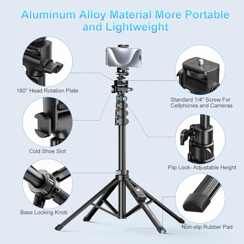 Fugetek 62" Professional Cell Phone Tripod, Ultra Stable 4 Leg Design, Bluetooth Remote, 100% All Aluminum Stick & Legs, Portable All in One, 360° Phone Mount with 2 Cold Shoe Slots, Non Skid Feet - style: Quadrapod