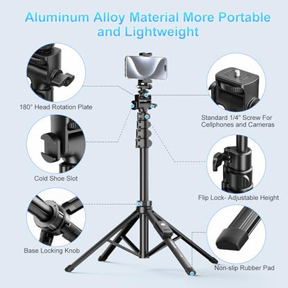 Fugetek 62" Professional Cell Phone Tripod, Ultra Stable 4 Leg Design, Bluetooth Remote, 100% All Aluminum Stick & Legs, Portable All in One, 360° Phone Mount with 2 Cold Shoe Slots, Non Skid Feet - style: Quadrapod