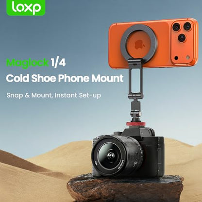 LOXP Magnetic Phone Tripod Mount with Cold Shoe, Adjustable Aluminum Alloy Phone Mount, Phone Tripod Holder Adapter with 1/4" Screw, Camera Mount for iPhone 17/16/15/14/13/12 Series