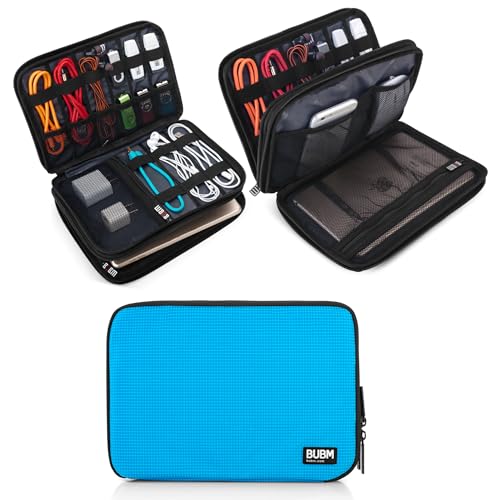 BUBM Double Layer Electronic Accessories Organizer, Travel Gear Bag for Cables, USB Flash Drive, Plug and More, Perfect Size Fits for iPad Mini (Medium, Blue) | Travel Gadget Bag for Cables, USB Flash Drive, Plug and More, Perfect Size Fits for iPad Mini