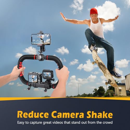 Zeadio Handheld Video Stabilizer Rig, Portable Camera Stabilizer Handle Grip with Cold Shoe Mounts, Phone Holder, Action Camera Adapter for Smartphone, DSLR Camera, Action Camera, Camcorder etc