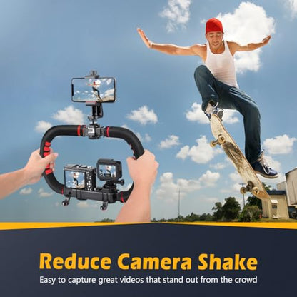 Zeadio Handheld Video Stabilizer Rig, Portable Camera Stabilizer Handle Grip with Cold Shoe Mounts, Phone Holder, Action Camera Adapter for Smartphone, DSLR Camera, Action Camera, Camcorder etc
