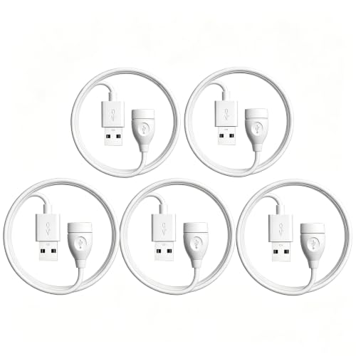 5-Pack White USB Extension Cord Bulk, Male to Female, 3.3 FT USB-A 2.0 Extender Cable