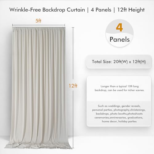 20ftx12ft Wrinkle Free Champagne Backdrop Curtain,4 Panels 12FT Height Wedding Backdrop Drapes,Silky Polyester Back Drop Cloth for Birthday Photography Background Party Backdrop Draping - color: Champagne, size: (W)5ft x (H)12ft (4 Panel)