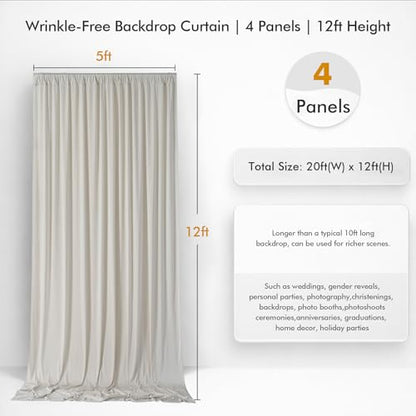 20ftx12ft Wrinkle Free Champagne Backdrop Curtain,4 Panels 12FT Height Wedding Backdrop Drapes,Silky Polyester Back Drop Cloth for Birthday Photography Background Party Backdrop Draping - color: Champagne, size: (W)5ft x (H)12ft (4 Panel)