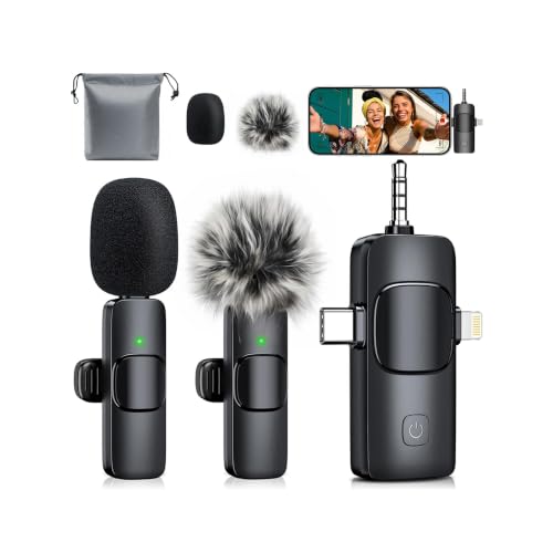 MENERESAS 3-in-1 Mini Microphone for iPhone: Wireless Lavalier Microphone with 80ft Range & 15H Battery - Noise Reduction Lapel Mic, Real-Time Monitoring for Video Recording Power Conditioners - color: Phantom black
