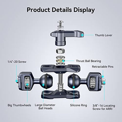 SMALLRIG Articulating Magic Arm, 3/8"-16 Screw for ARRI & 1/4"-20 Screw | With retractable pins. 360° rotation, 12 lb load for monitors, cameras, lights.
