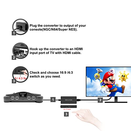 N64 to HDMI Converter Adapter Support 16:9/4:3 Conversion, HDMI Link Cable for N64 /SNES/NGC/SFC（Plug and Play）