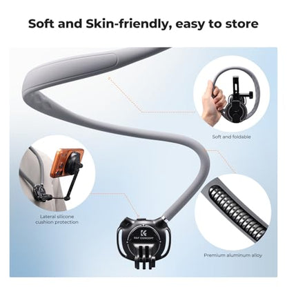 K&F CONCEPT Neck Phone Holder, 2-in-1 Magnetic & Clip-on Phone Neck Holder, POV Phone Holder, Hand Free Chest Stand Compatible with iPhone 17-12 Seires Android Phones - color: Gray